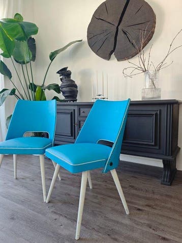 Stoel - Hout, Synthetisch leder - Een paar eetkamerstoelen