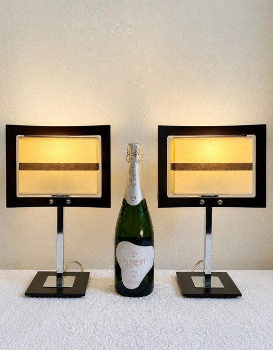Lampe de table (2) - Cube - Bois, Chrome, Acier, Textile, Antiek en Kunst, Curiosa en Brocante