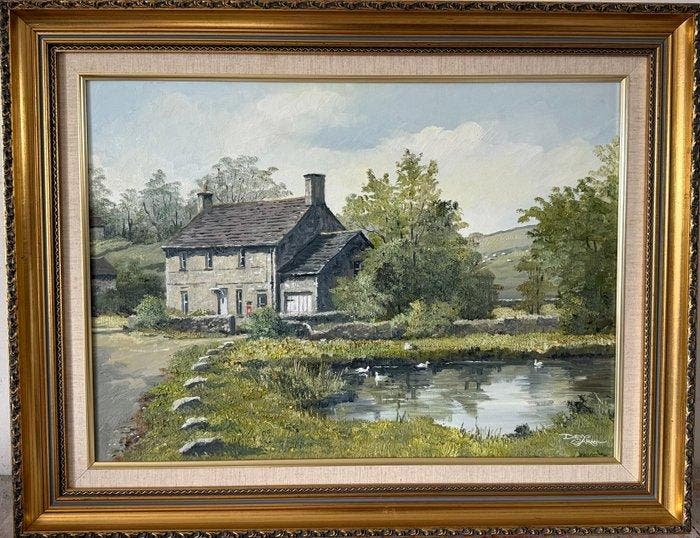 Denys Garle (1918-1984) - A duck pond near a country cottage, Antiek en Kunst, Kunst | Schilderijen | Klassiek