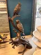 Beeld, Two Owls on a Tree Trunk - 170 cm - Brons