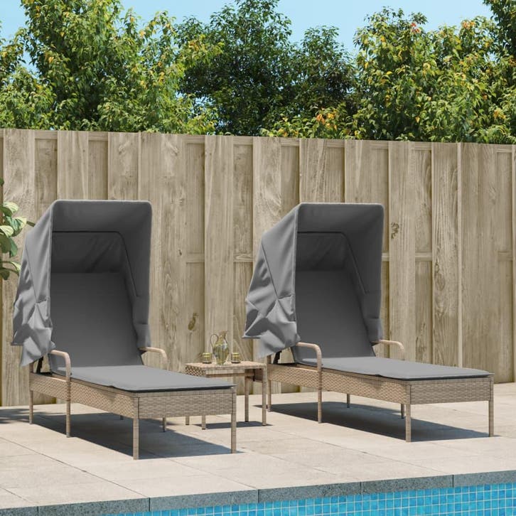 vidaXL Ligbedden 2 st met luifels en tafel poly rattan beige, Tuin en Terras, Ligbedden, Nieuw, Verzenden