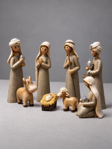 Beeld, Complete moderne kerstgroep – 8-delig – warme goud-