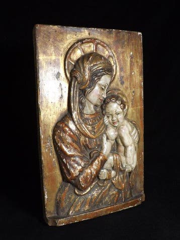 Houten reliëf - Maria met het Christuskind - 28 x 44,4 cm -