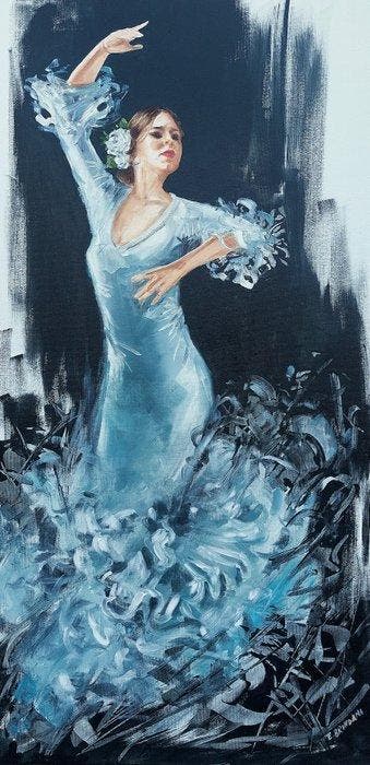 Elisa Brindani - Flamenco dancer in white, Antiek en Kunst, Kunst | Schilderijen | Modern