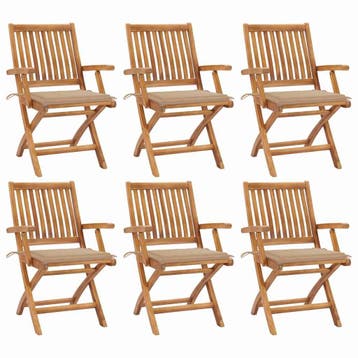 vidaXL Klapstoelen met kussens, 6 stuks, massief teakhout, Verzenden, Nieuw