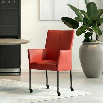 Set van 6 Leren eetkamerstoelen Comfort met wieltjes en, Ophalen of Verzenden, Nieuw, Leer