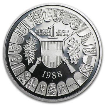 Zwitserland. 1988 1 oz Switzerland Platinum Wilhelm Tell