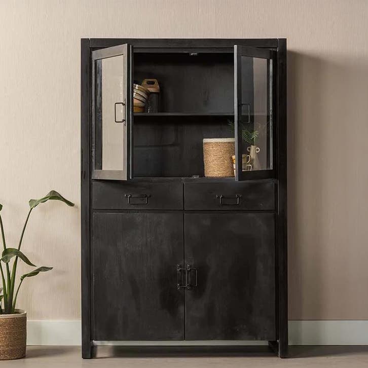 Vitrinekast Mangohout Britt 115 Zwart, Maison & Meubles, Armoires | Vitrines, Envoi