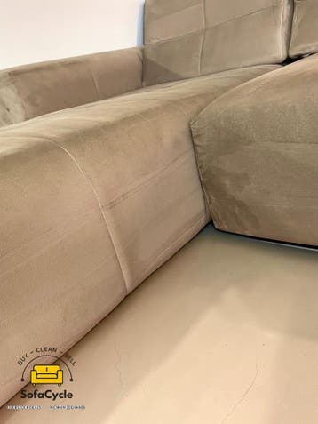 Hoekzetel beige in fluweel met verstelbare rug – tweedehands, Huis en Inrichting, Zetels | Zetels en Chaises Longues, Verzenden
