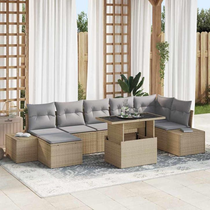 vidaXL Tuinbank Set met opslag 8 pcs Beige Poly rattan, Tuin en Terras, Tuinsets en Loungesets, Nieuw, Verzenden