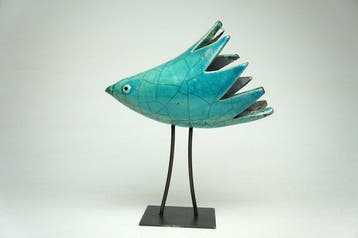 Urszula Despet - sculptuur, Blue Raku Bird - 21 cm -