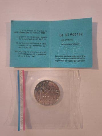 Frankrijk. 100 Francs 1985 Emile Zola. Piéfort en argent