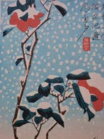 Camellias and Sparrows in Falling Snow  - Utagawa