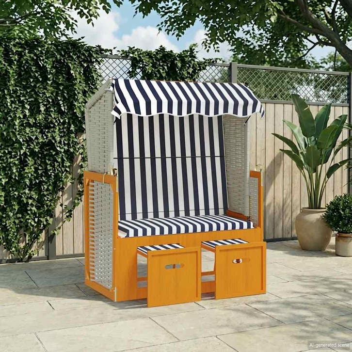 vidaXL Strandstoel met luifel poly rattan en massief hout, Tuin en Terras, Ligbedden, Nieuw, Verzenden