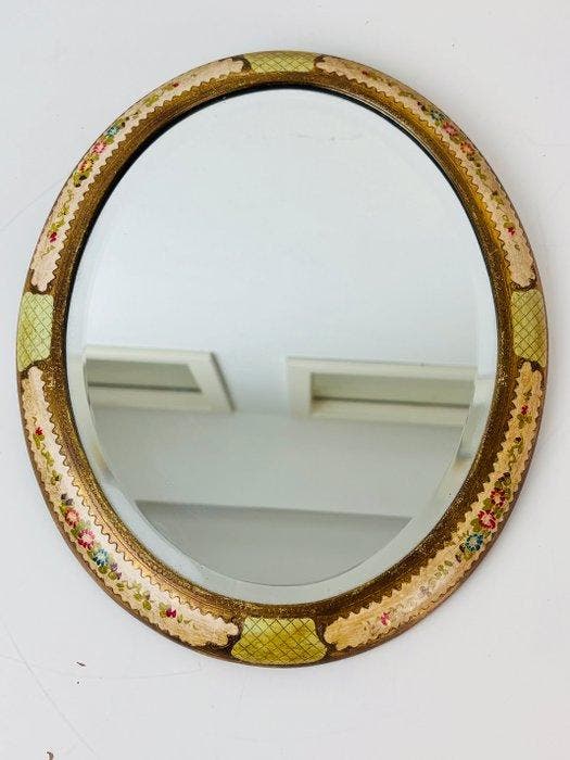 Spiegel- Antieke ovale spiegel handbeschilderd frame, Antiek en Kunst, Curiosa en Brocante
