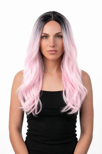 KIMU® Luxe Lange Lichtroze Pruik Roze Ombre Zwarte Uitgroei, Ophalen of Verzenden, Nieuw