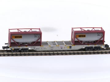 Schaal N Minitrix 18490 Platte wagen met tankcontainers v..., Ophalen of Verzenden, Zo goed als nieuw, Gelijkstroom, Analoog