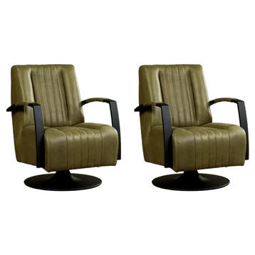 Set van 2 Leren draaifauteuils Galaxy - Vintage Olive, Huis en Inrichting, Fauteuils, Nieuw, Ophalen of Verzenden, 50 tot 75 cm