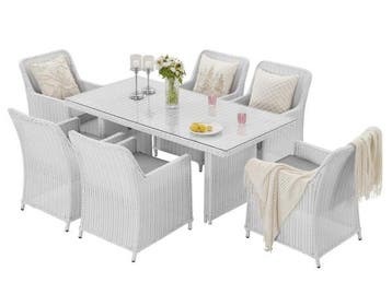 Veiling - Diningset 7-delig - halfrond wicker - Wit / grijze, Nieuw