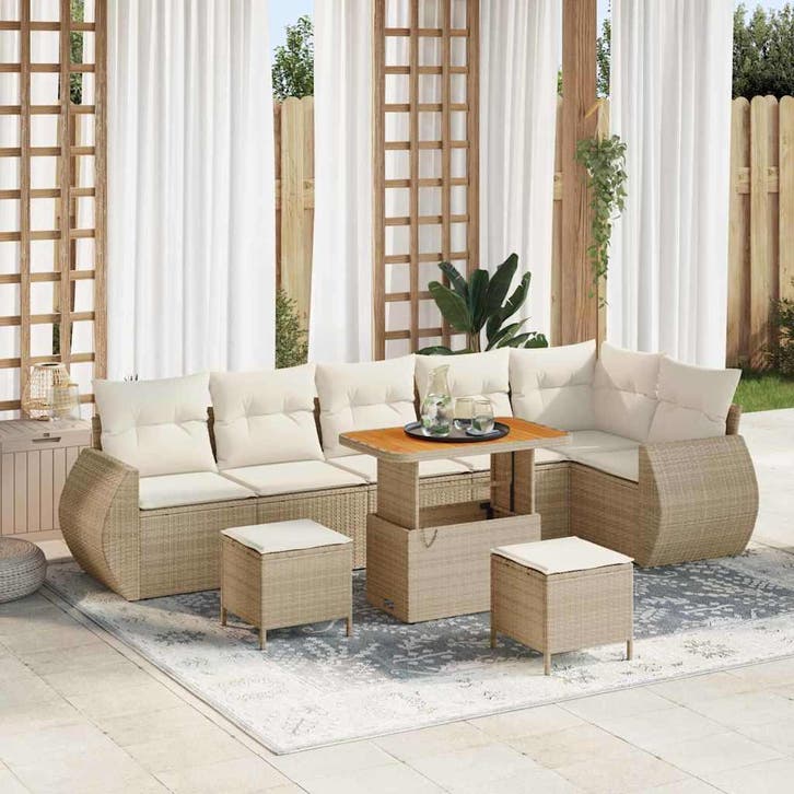 vidaXL Tuinbank Set met kussen 9 pcs Beige en Crème Poly, Tuin en Terras, Tuinsets en Loungesets, Nieuw, Verzenden