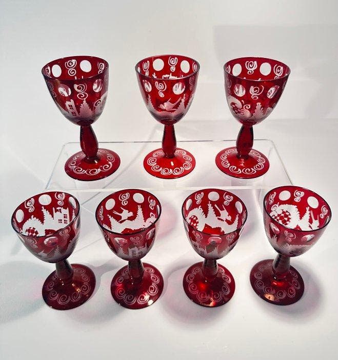 Drankservies (7) - Glas - Rubinoverfang likeurset, Antiek en Kunst, Antiek | Glaswerk en Kristal
