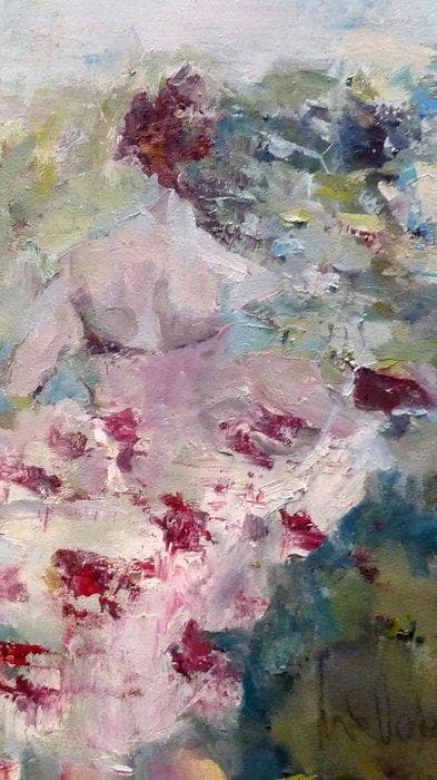 Mila Veljaca - Mädchen im Garten, Antiek en Kunst, Kunst | Schilderijen | Modern