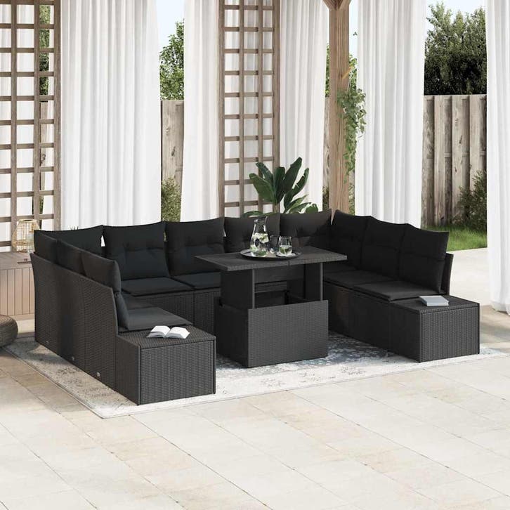 vidaXL Tuinbank Set met opslag 10 pcs Zwart Poly rattan, Tuin en Terras, Tuinsets en Loungesets, Nieuw, Verzenden