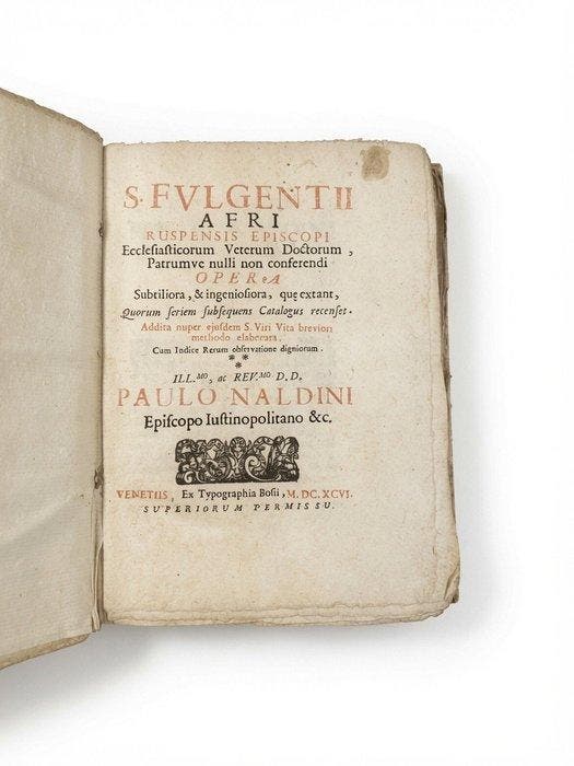 S. Fulgentio - OPERA [Intonso/ Uncut] - 1696, Antiek en Kunst, Antiek | Boeken en Manuscripten
