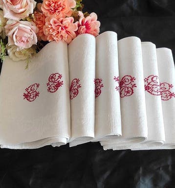 6 tovaglioli puro lino ricamo a mano grandi cifre rosse -, Antiquités & Art, Tapis & Textile