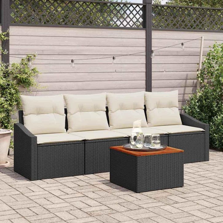 vidaXL Tuinbank Set 5 st Zwart en Crème poly rattan, Tuin en Terras, Tuinsets en Loungesets, Nieuw, Verzenden