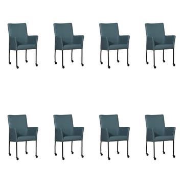 Set van 8 Leren eetkamerstoelen Comfort met wieltjes en, Ophalen of Verzenden