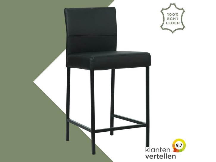 Leren barkruk Bright laag - Hermes Nero (zwart) - Poten, Huis en Inrichting, Barkrukken, Nieuw, 1 kruk, Leer, 90 cm of meer, Ophalen of Verzenden
