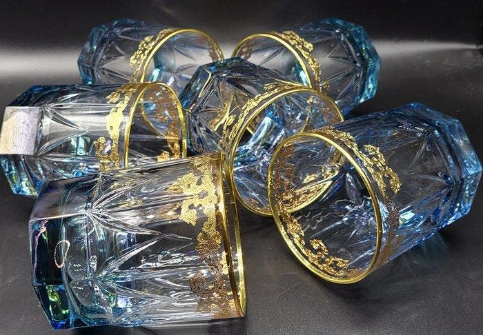 ISMIE LUX - Drinkservies (6) - Luxe blauwe whiskykelken in, Antiek en Kunst, Antiek | Meubels | Tafels