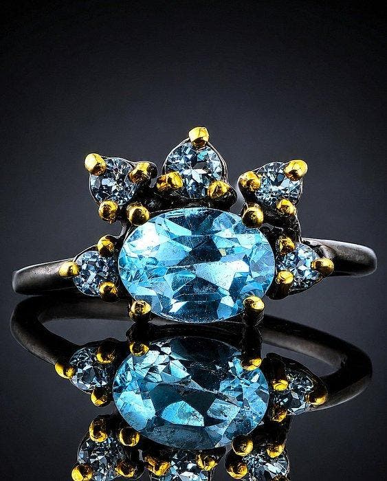 Blauwe Topaas Ring - 925 Sterling Zilver - Zwarte Rhodium, Antiek en Kunst, Curiosa en Brocante