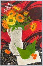 Yves Ganne (1931-2019) - Bouquet de fleurs sur fond rouge.