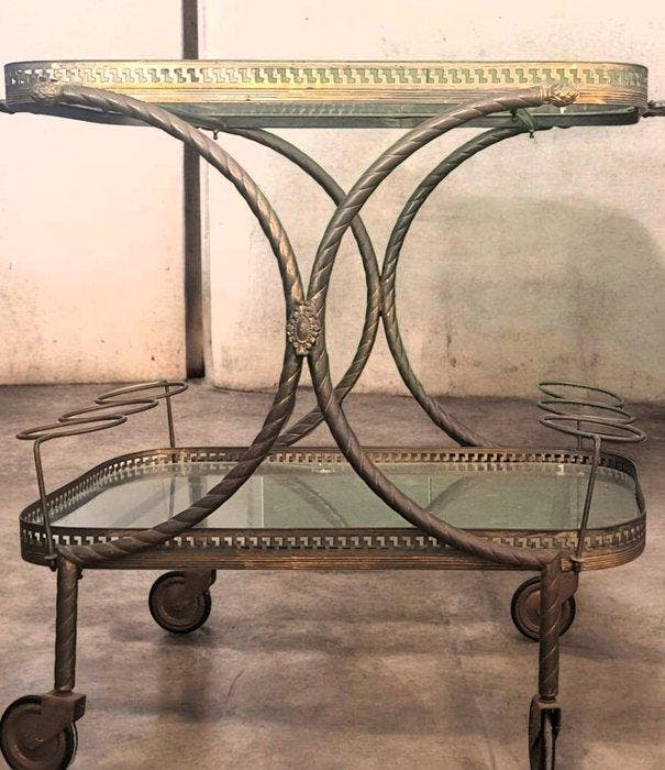 Serveerwagen - Verguld messing, Glas - Winkelwagen Stijl, Antiquités & Art, Art | Objets design