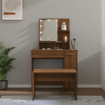 vidaXL Kaptafelset met LED-verlichting bewerkt hout bruin, Huis en Inrichting, Verzenden, Nieuw