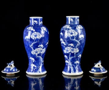 Een spiegelpaar van grote Chinese blauw-witte vazen, Prunus