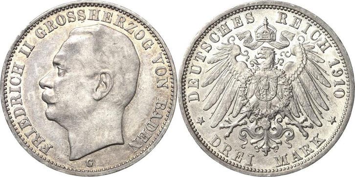 3 Mark 1910 Baden Friedrich Ii 1907-1918, Timbres & Monnaies, Monnaies | Europe | Monnaies non-euro, Envoi