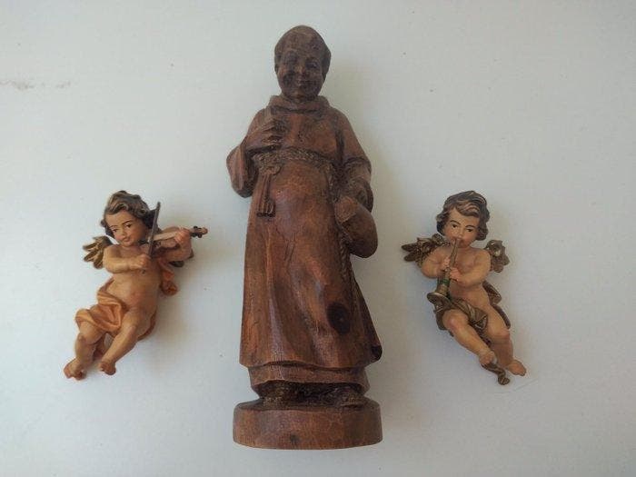 Snijwerk, Holzfigur - farbiger Engel mit Geige + farbiger, Antiek en Kunst, Antiek | Boeken en Manuscripten