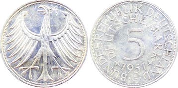 5 Mark Duitsland Fehlpraegung 5 Dm 1951 G deutlicher Stem..., Verzenden
