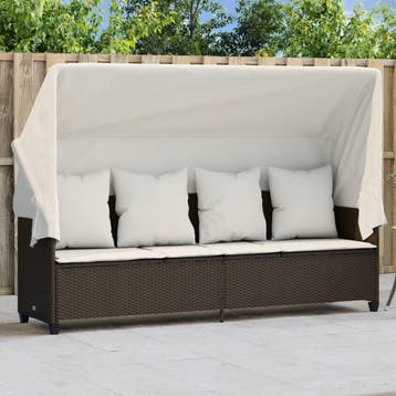 vidaXL Ligbed met luifel en kussens poly rattan bruin, Verzenden