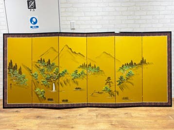 Kamerscherm - Hout, Zijde, Textiel, Koper, Zespaneel gouden, Antiek en Kunst