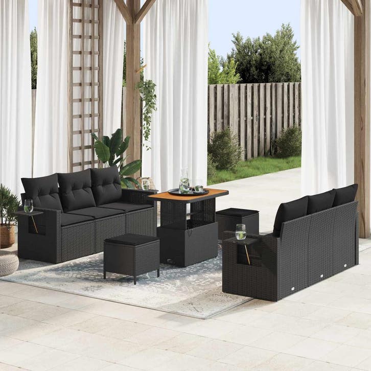 vidaXL Tuinbank Set 9 pcs Zwart Poly rattan en gepoedercoat, Tuin en Terras, Tuinsets en Loungesets, Nieuw, Verzenden