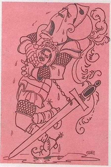 Mussolini(?) huilt om Pierre Laval op spotprent (Lithos), Antiquités & Art, Art | Lithographies & Sérigraphies, Envoi