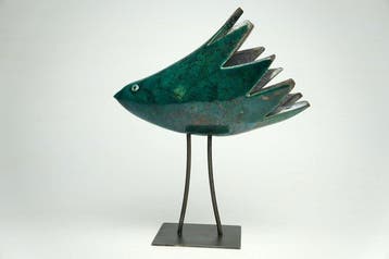 Urszula Despet - sculptuur, Raku Green Bird - 21 cm -