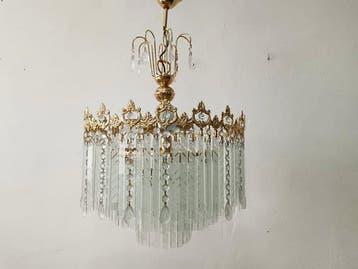 Lampe - Suspension vintage en laiton et plaque de cristal, Antiquités & Art