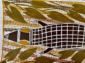 Roy Burnyila (1956) - Crocodile and Water Lillies on bark