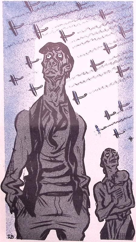 Spotprent over economische groei en de invloed op de mens, Antiek en Kunst, Kunst | Litho's en Zeefdrukken, Verzenden