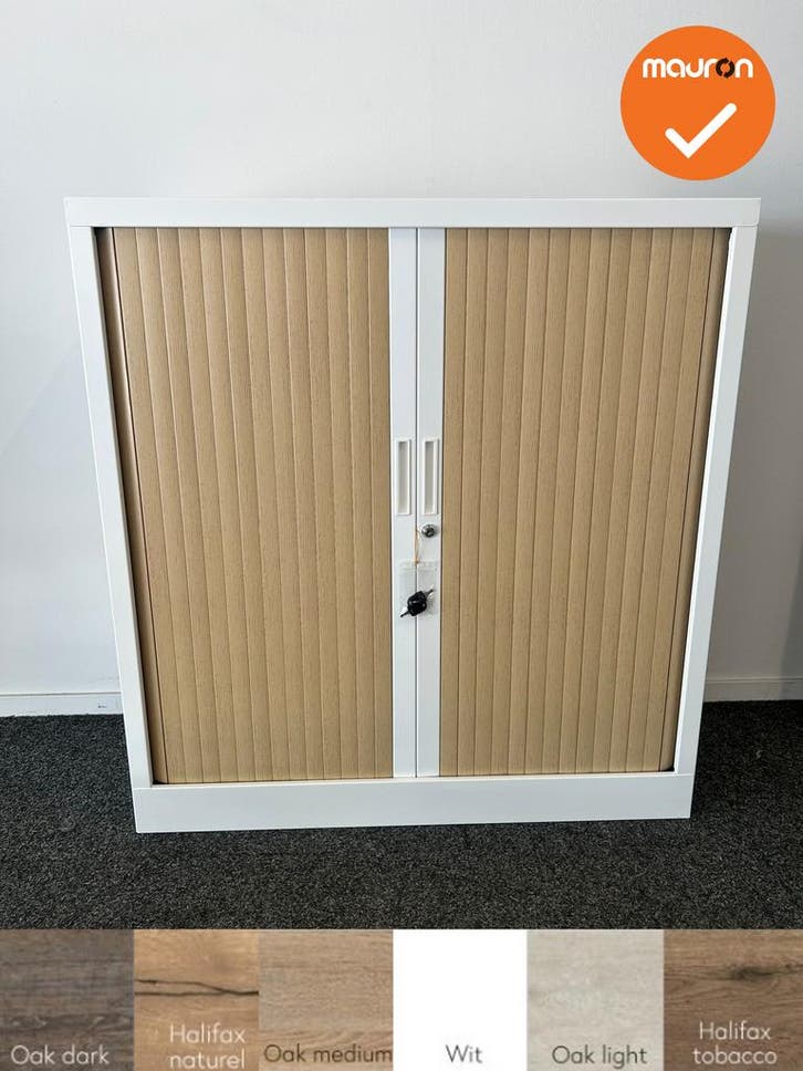 Robberechtse roldeurkast - 105x100x45cm - Wit met beuken deu, Zakelijke goederen, Kantoor en Winkelinrichting | Kantoormeubilair en Inrichting